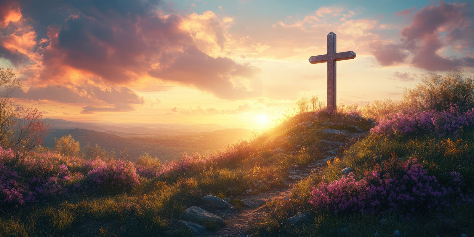 Sunrise over a serene landscape with a wooden cross and blooming wildflowers on a tranquil hillside